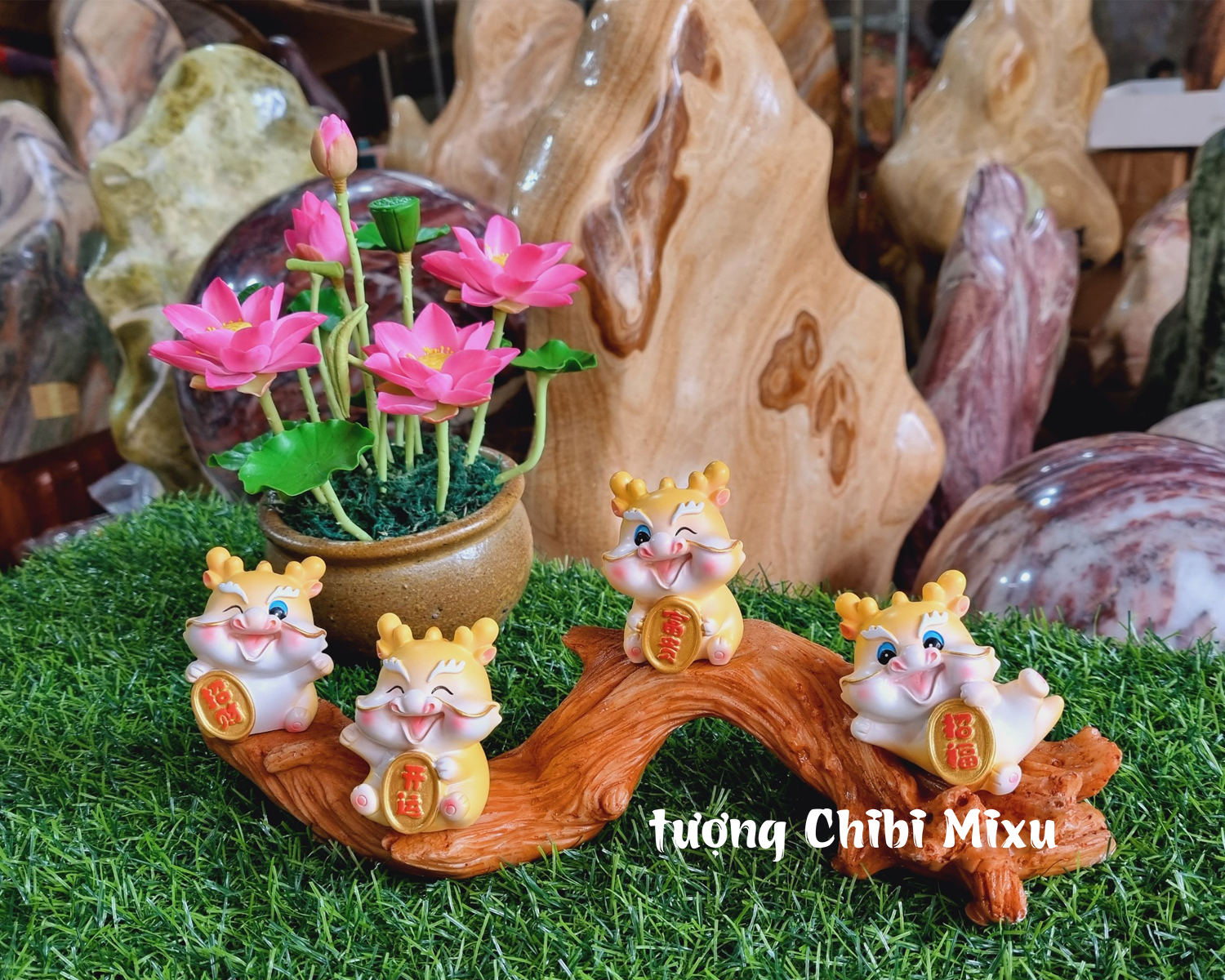 Bộ 04 tượng Rồng vàng kèm chân đế gốc cây y hình Thủ công Tượng điêu khắc