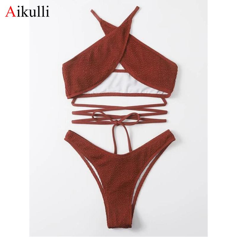 Gợi Cảm Sườn Criss Cross Dây Bikini Đồ Bơi Cho Nữ Đồ Bơi 2021 Brasil Bikini Bộ Đẩy Lên Áo Tắm Nữ Đi Biển