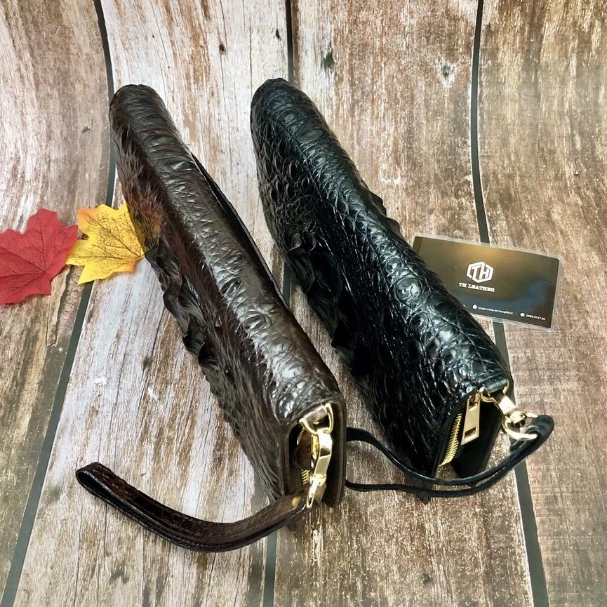 Clutch Da Cá Sấu Thật 1 Khóa - Clutch Cá Sấu Màu Đen 6 Gù, Ví Cầm Tay Có Ngăn Đựng Điện Thoại, BH 24 Tháng
