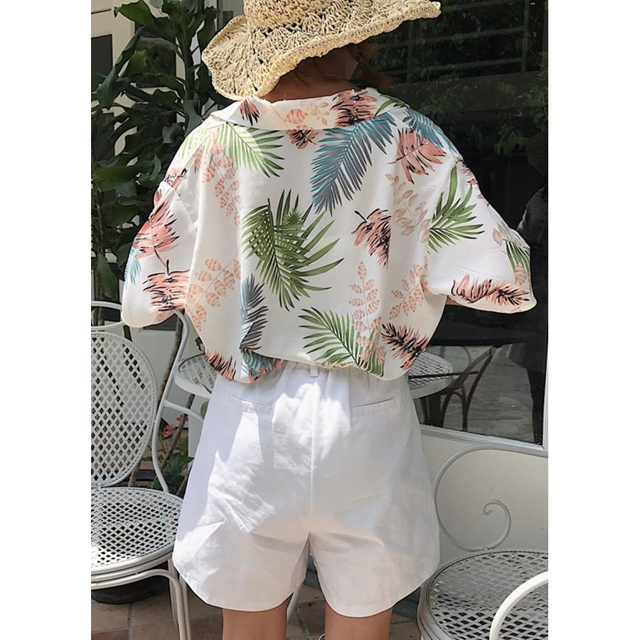 Áo sơ mi tay cộc form rộng cổ 2 ve in hình lá cọ, chất vải kate mềm mát, hàng nhập Quảng Châu