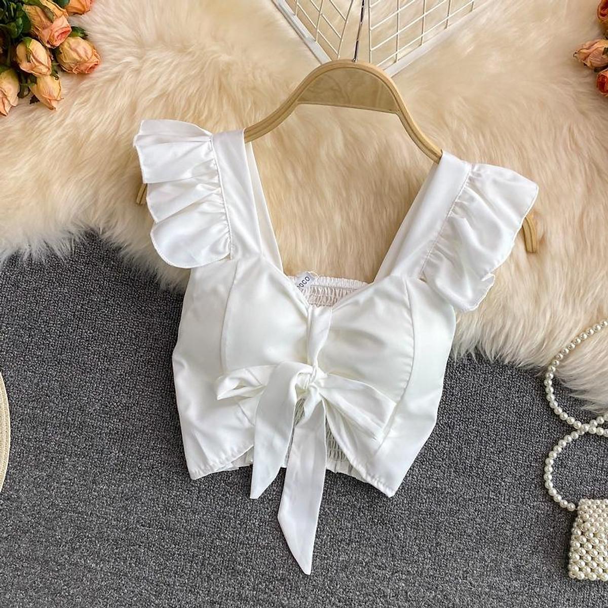 Áo hai dây nữ croptop buộc nơ ngực dáng ôm kiểu cánh tiên ống 2 dây bản lớn alohaboutique