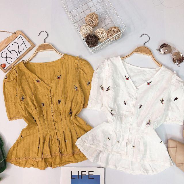 ÁO NÚT BỌC THÊU HOA NHÚN EO - ÁO KIỂU PEPLUM XẾP LY