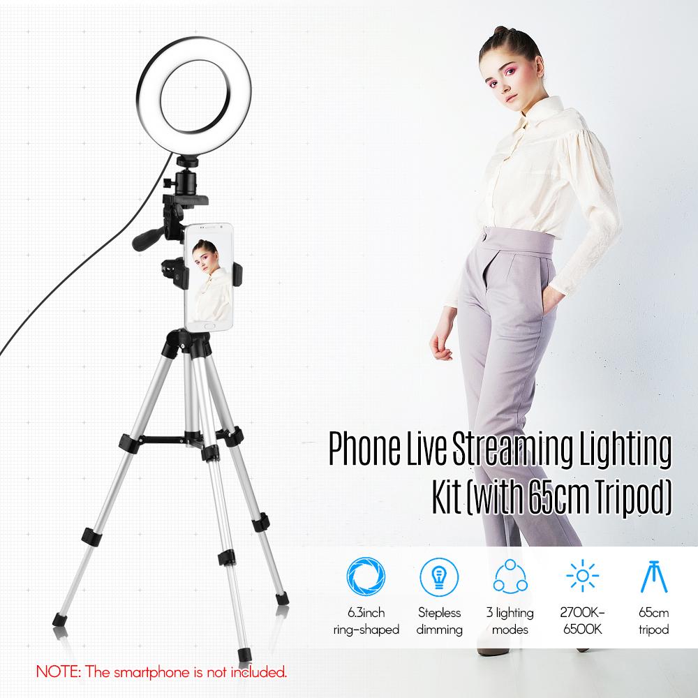 Bộ chiếu sáng phát trực tiếp trên điện thoại 6.3 inch / 16cm 2700K ~ 6500K Đèn video vòng USB có thể thay đổi hai màu + Max. Chiều cao 65cm