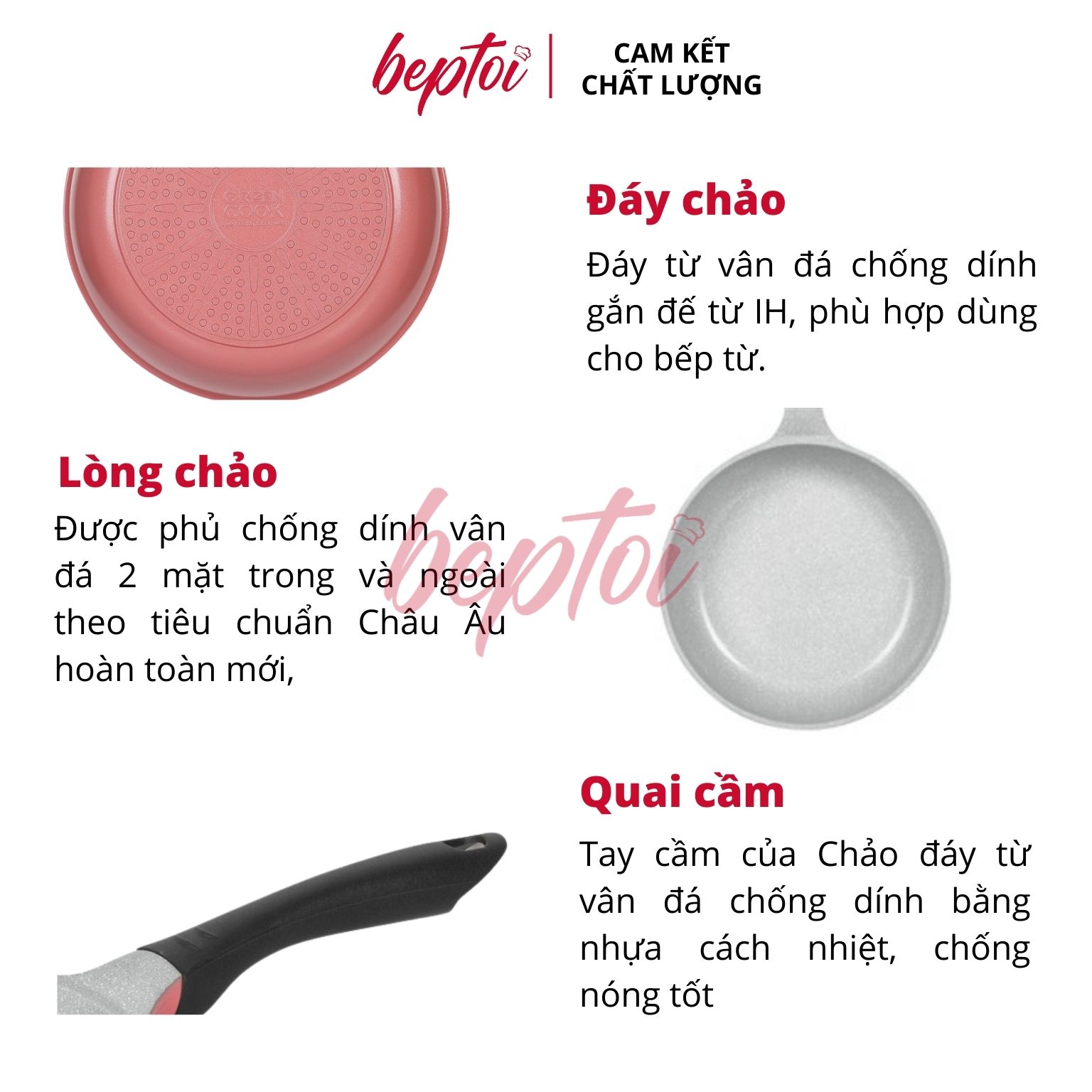 Chảo đúc chống dính men đá ceramic đáy từ Green Cook GCP03-IHP màu hồng công nghệ 7 lớp chống dính Hàn Quốc