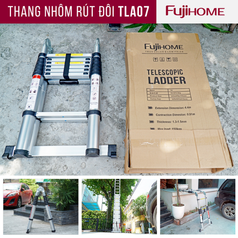 Thang nhôm FUJIHOME TLA08 rút gọn chữ A nhập khẩu, Chiều cao tối đa 5m, Đế cao su