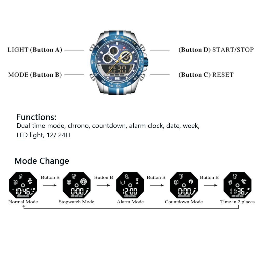 Đồng hồ NAVIFORCE Quartz Nam Kỹ thuật số,Chế độ Kép Ngày theo Tuần Đồng hồ Báo thức,Đèn nền,chống nước 3ATM