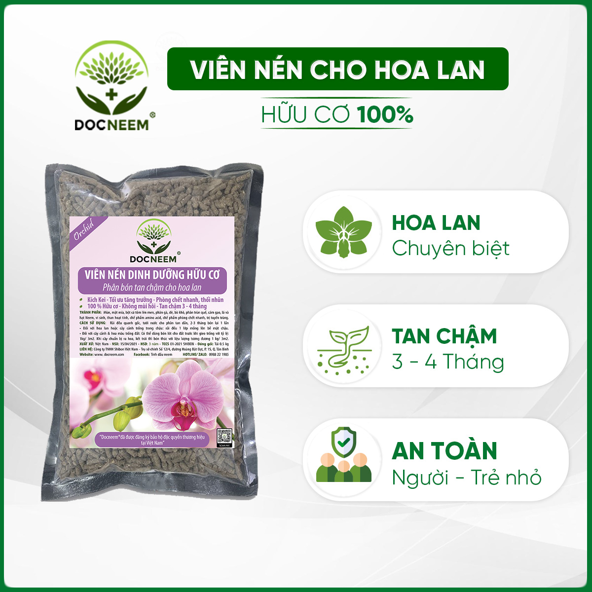 Phân bón cho hoa lan DOCNEEM tan chậm, viên nén dinh dưỡng hữu cơ vi sinh ben 01 cho hoa lan, túi 0.5 kg, chính hãng