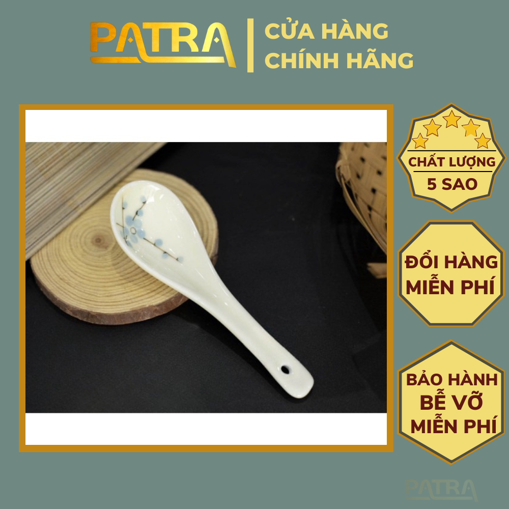 Thìa sứ ăn cơm men kem Bát Tràng họa tiết vẽ tay cao cấp