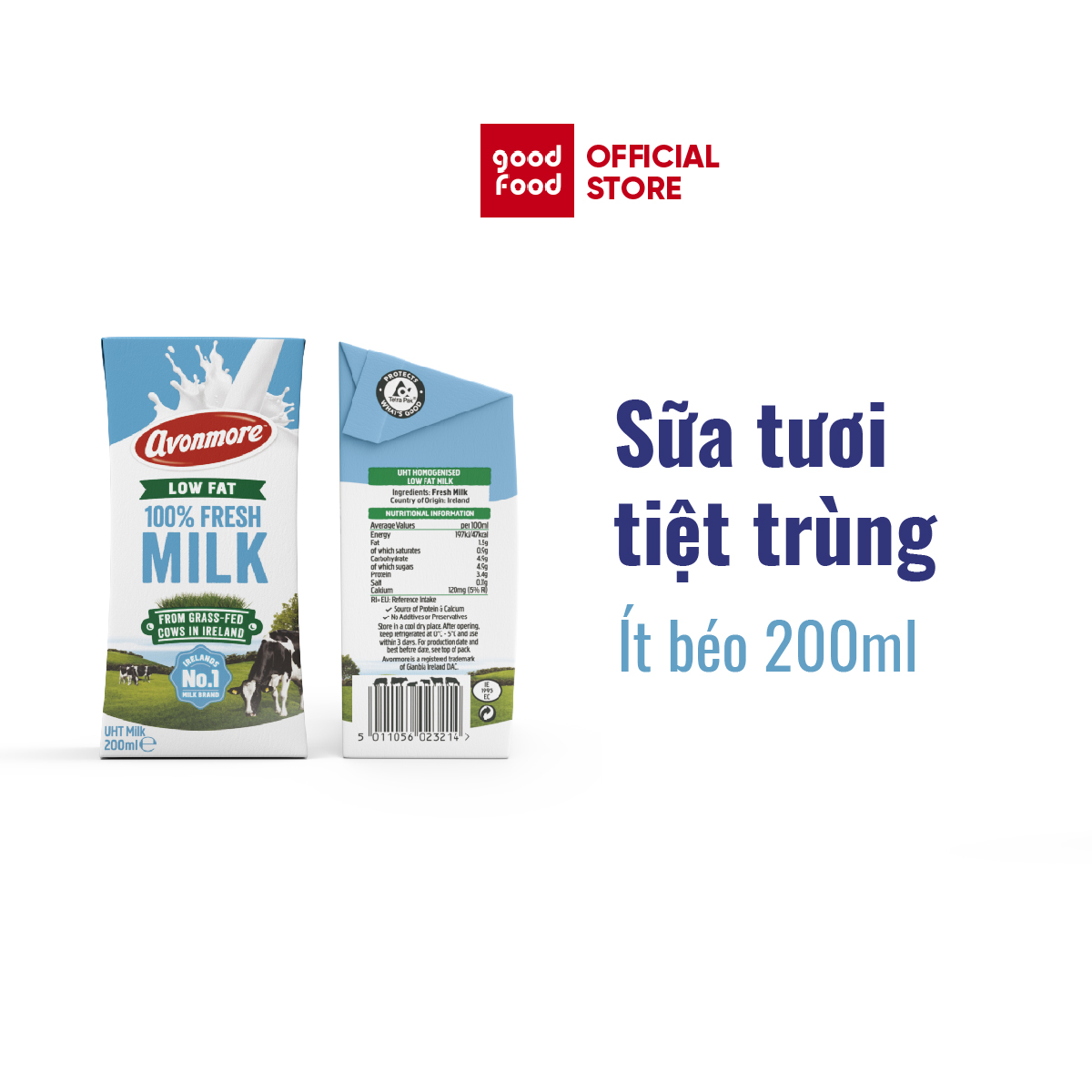 Lốc 3 hộp Sữa tươi ít béo tiệt trùng (không đường) Avonmore UHT Low Fat Milk 200ml
