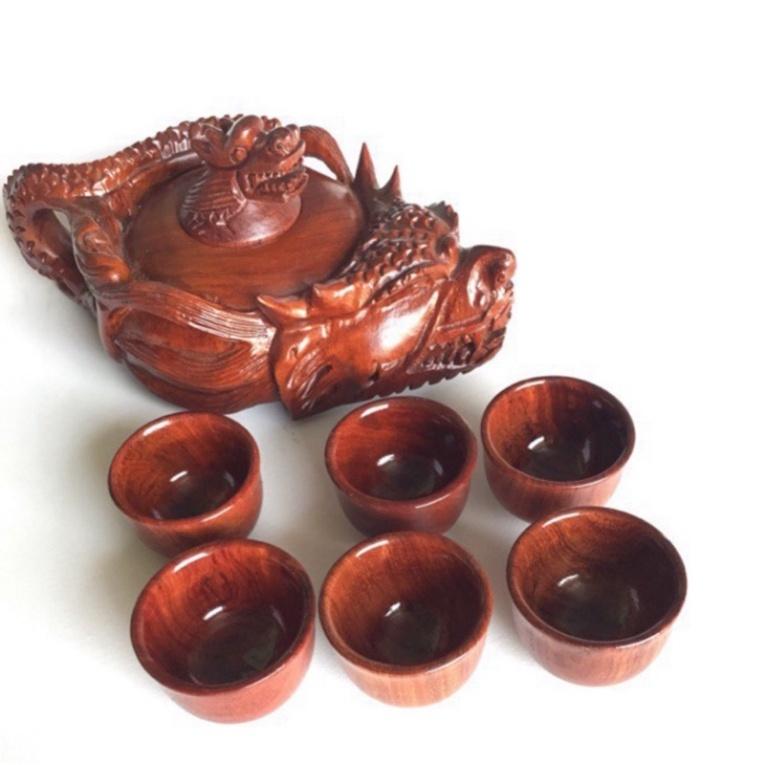 BỘ ẤM CHÉN RỒNG GỖ HƯƠNG NGUYÊN KHỐI