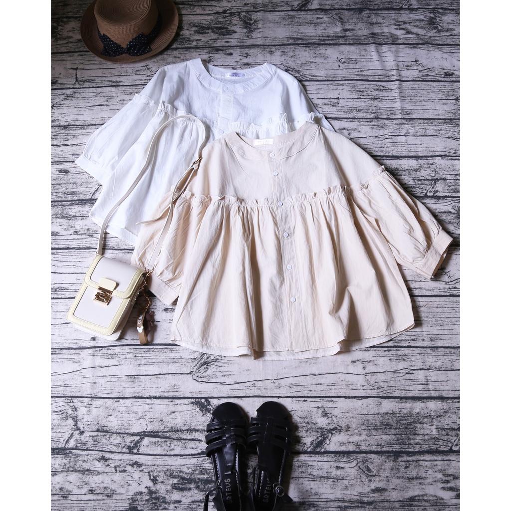 ÁO SƠ MI CỔ TÀU DÁNG BABYDOLL TAY BỒNG