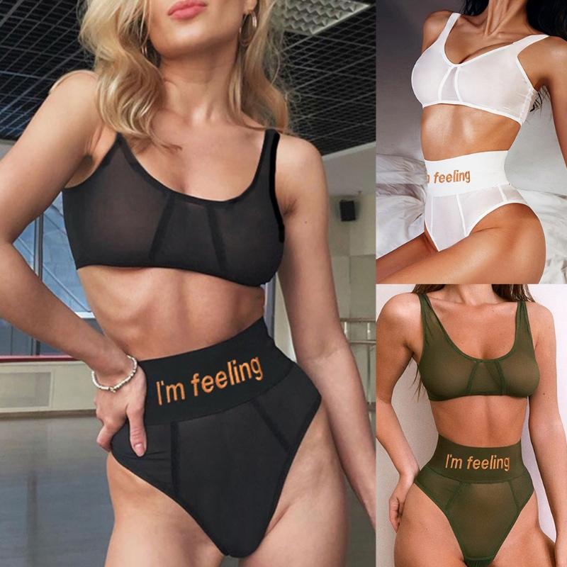 Phụ Nữ Gợi Cảm Thấy-Thông Qua Lưới Áo Ngực Và Quần Bộ Muỗng Cổ Crop Top Áo Bralette Chữ Thêu Cao Cấp Thông quần Lót