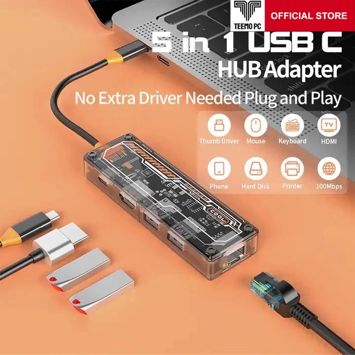 Bộ HUB TEEMO PC Chia 5 Cổng Trong Suốt USB Type C HDMI PD Dùng Cho Laptop Surface Macbook IPad Điện Thoại SW5R Hàng Chính Hãng