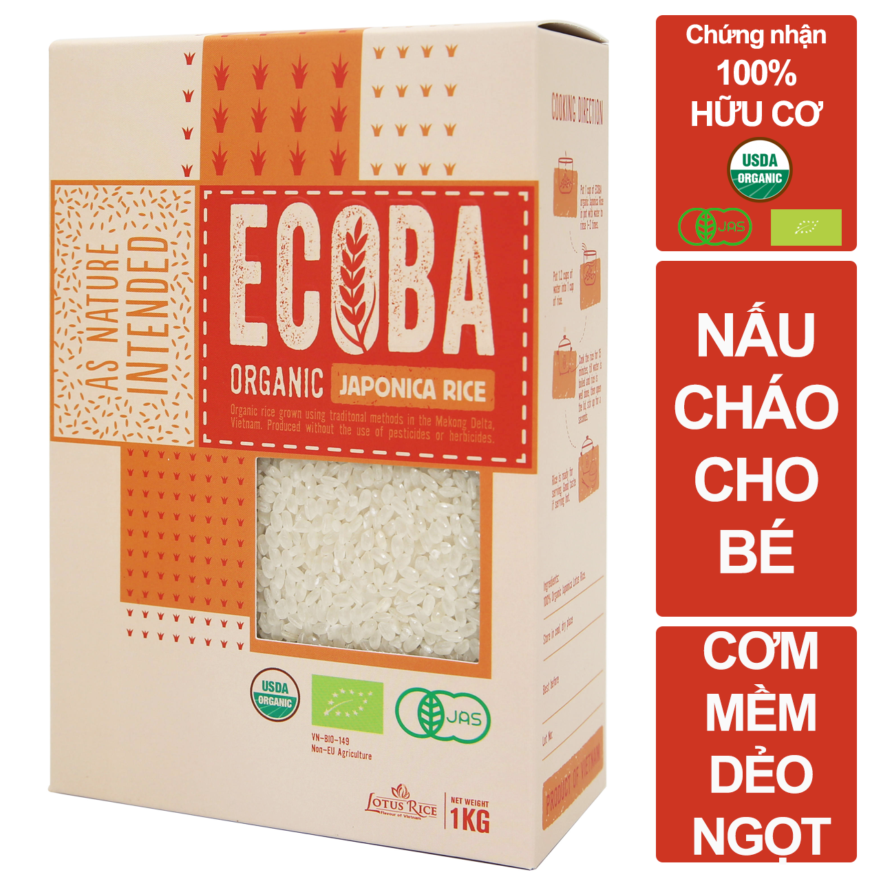 Gạo Nhật hữu cơ cao cấp/ECOBA Sakura 1kg - Nấu cháo cho bé ăn dặm - Hạt tròn, cơm mềm dẻo ngọt - 100% Organic