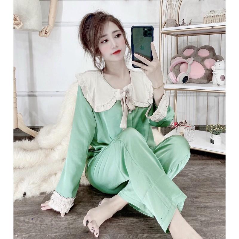 Bộ pijama dài tay, Đồ bộ ngủ mặc nhà dài tay lụa satin cao cấp, cổ phối bèo nơ tiểu thư