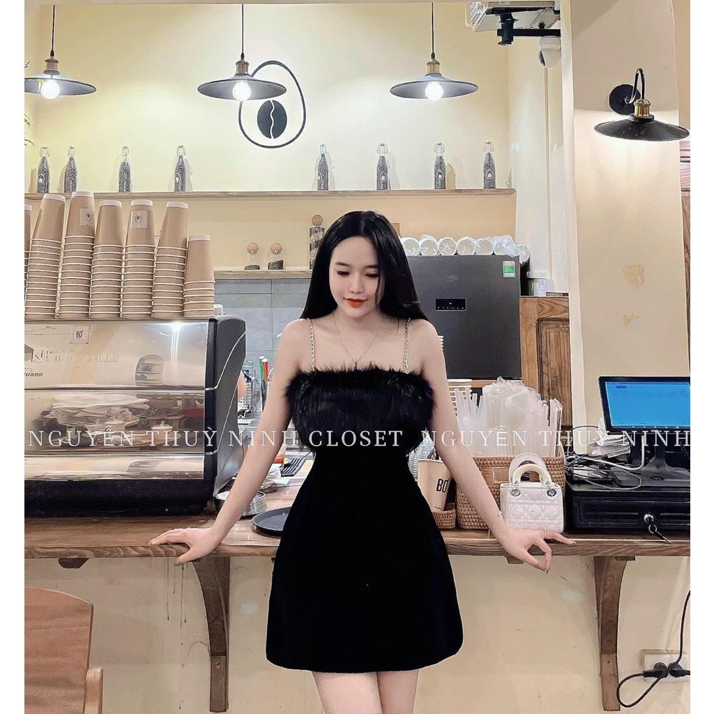 FRESHIP đầm nữ 2 dây xòe lông trước ngực dễ thương phối chất liệu nhung mềm mịn tôn dáng dự tiệc quý phái KIMGIA DS