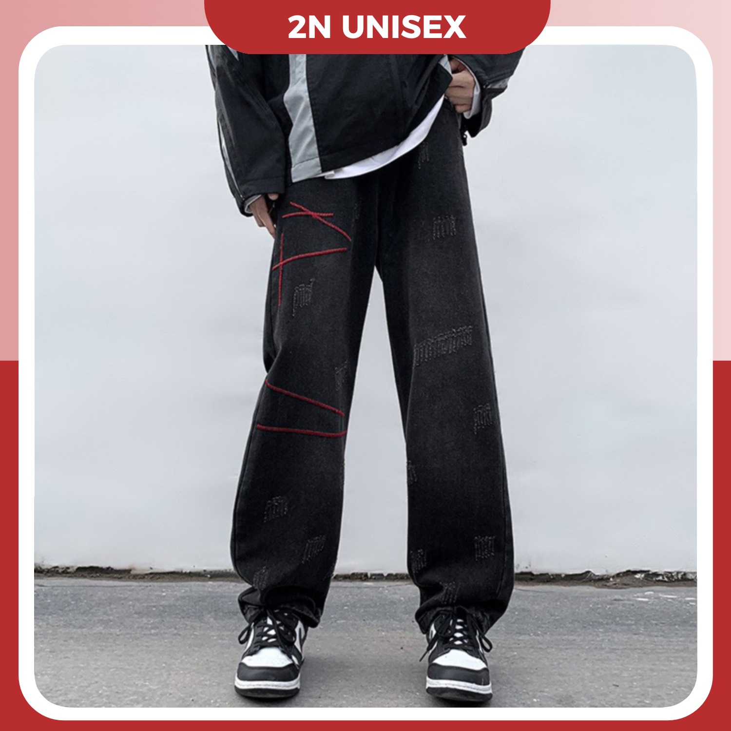 Quần jeans ống rộng nam nữ 2N Unisex viền chỉ đỏ Q05
