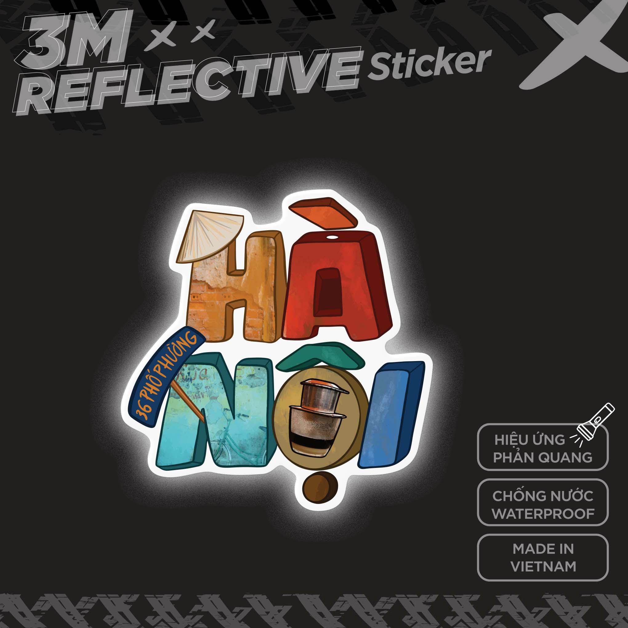 HANOI TYPOGRAPHY 3M - Reflective Sticker Die-cut Hình dán phản quang thương hiệu STICKER FACTORY