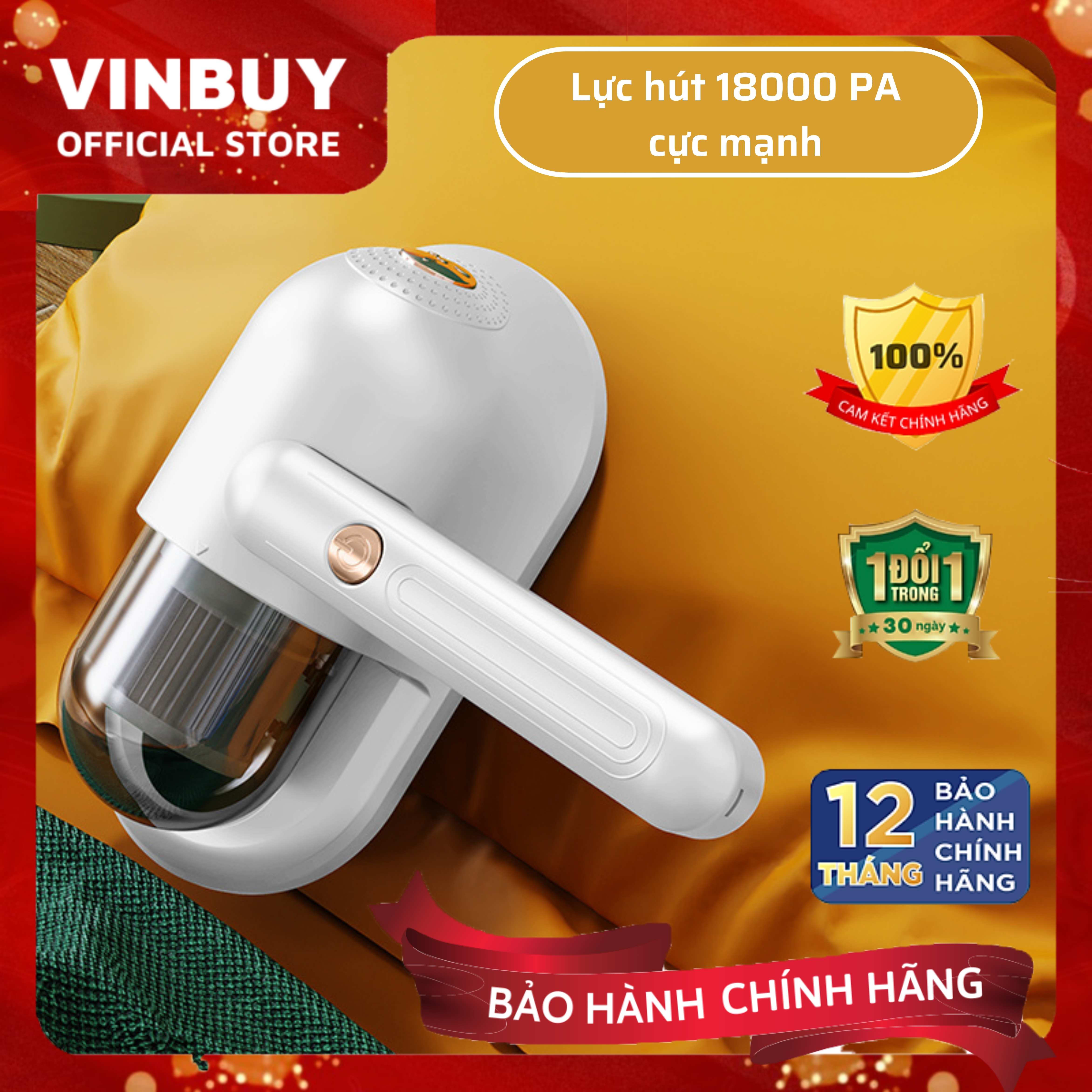 Máy hút bụi giường nệm không dây VinBuy cầm tay hiện đại diệt khuẩn đa tầng, đèn UV, lực hút mạnh 18000PA - Hàng chính hãng