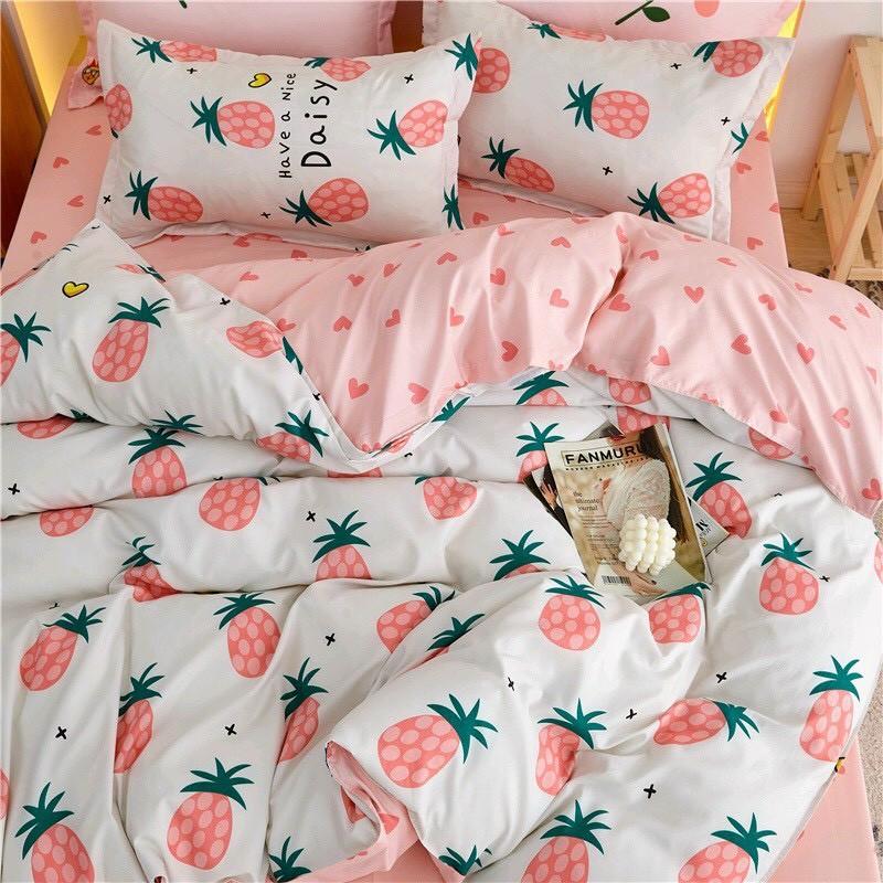 Bộ chăn ga gối Cotton poly M2T bedding, vỏ chăn mền, drap ga giường và 2 vỏ gối - PL quả dứa hồng