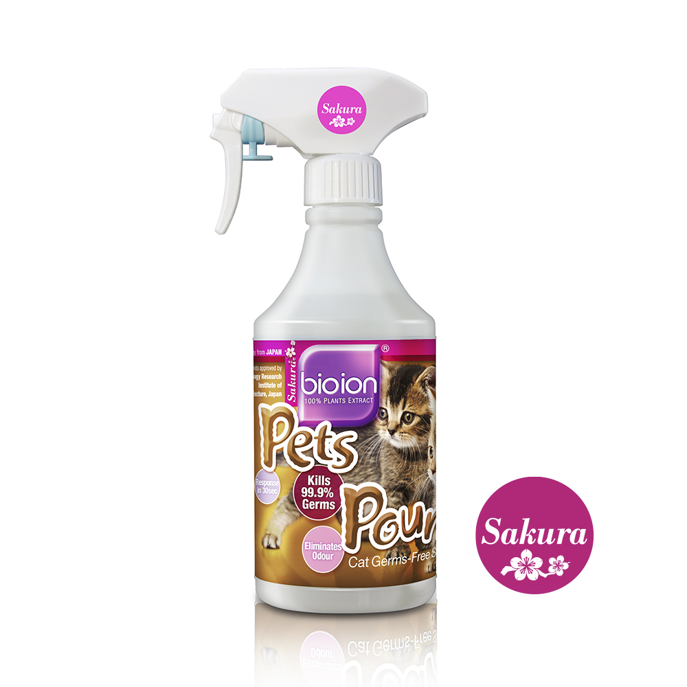 Chai xịt Bioion Pets Pounce Cats Sanitizer 500ML - khử trùng, khử mùi cho mèo (Hương Sakura)