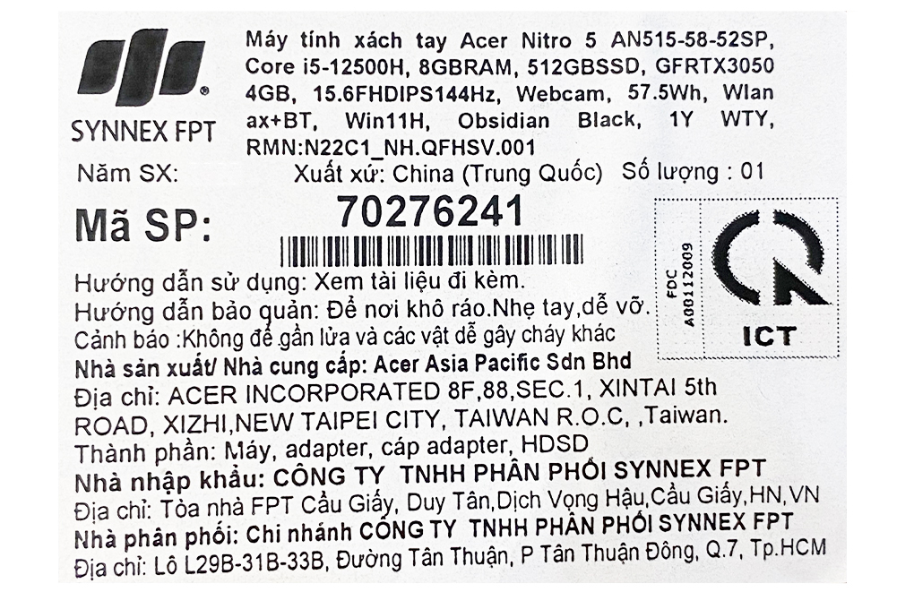 Laptop Acer Nitro 5 Tiger AN515 58 52SP i5 12500H/8GB/512GB/4GB RTX3050/144Hz/Win11 - Hàng chính hãng
