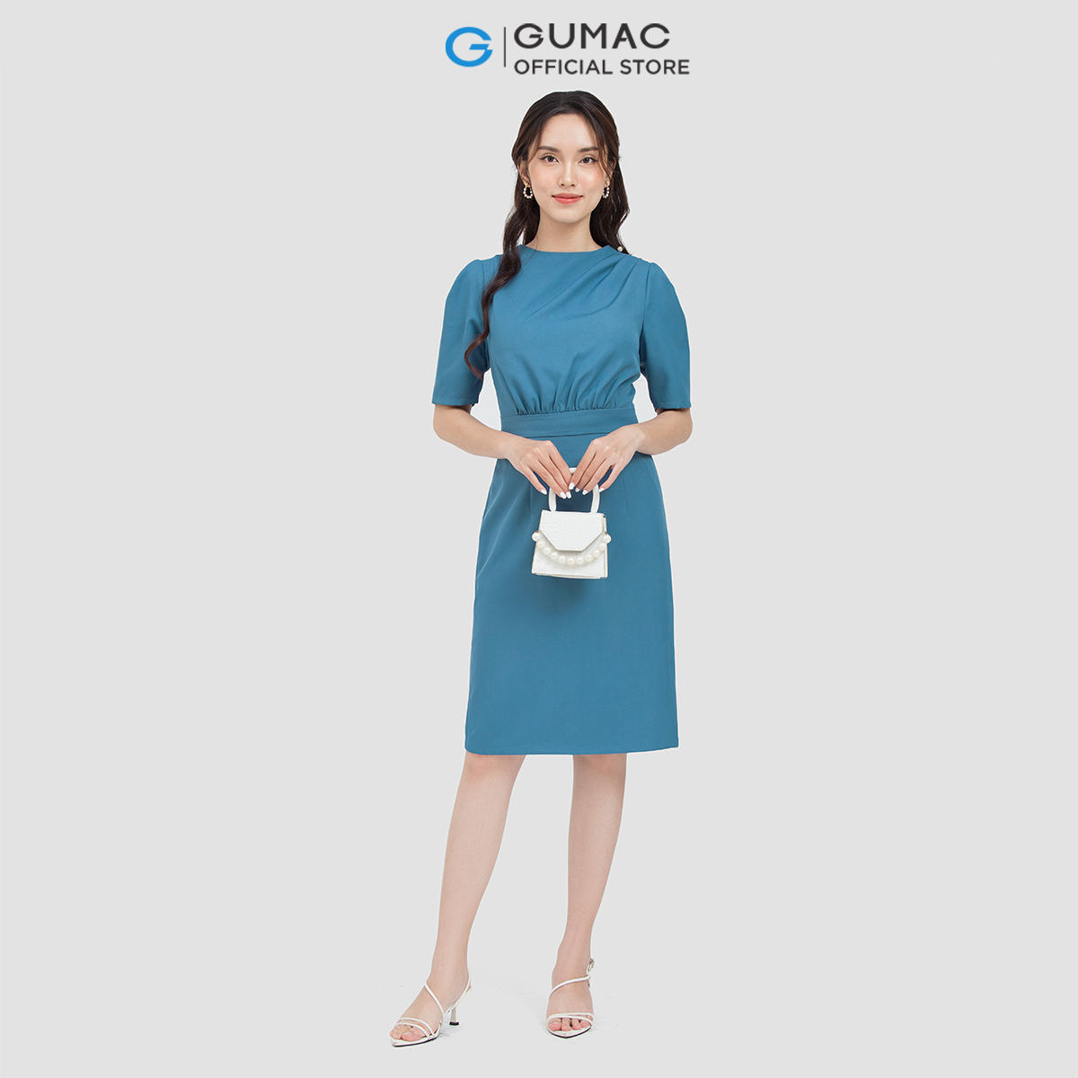 Đầm dáng ôm nữ GUMAC DC06007 cổ tròn tay nhún