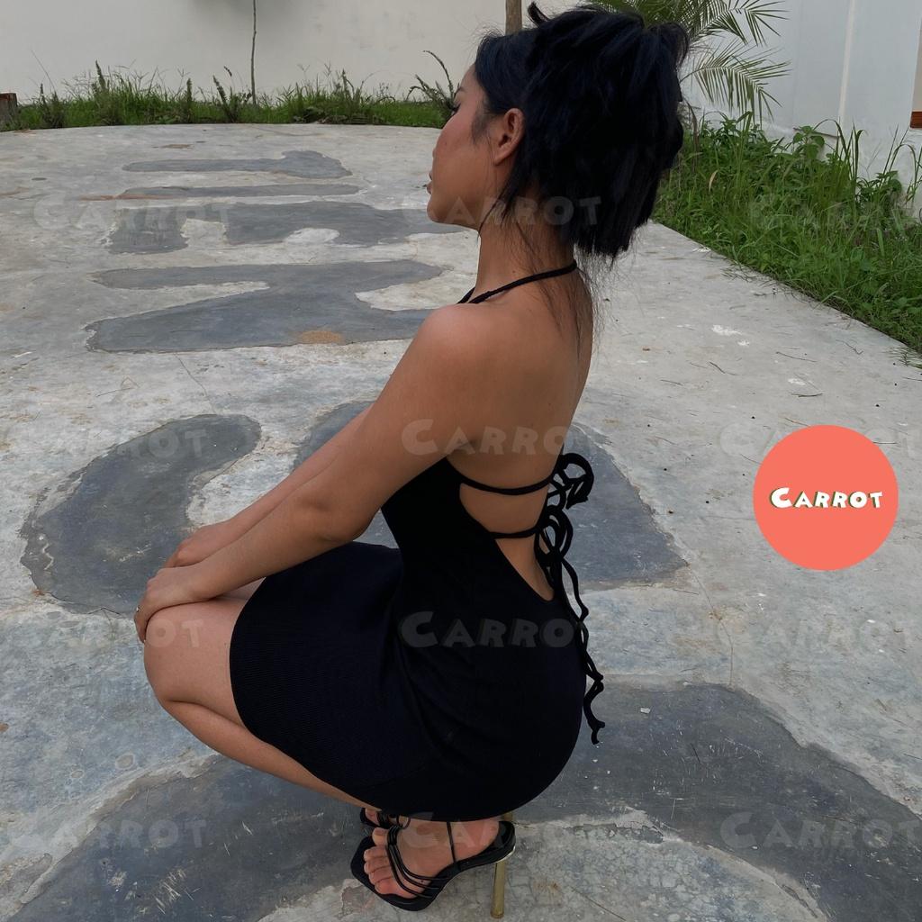 Đầm body sexy hở lưng hở eo váy thiết kế ôm cổ yếm hở vai cột dây quyến rũ sang chảnh màu đen thun gân carrotxinhdep- 56