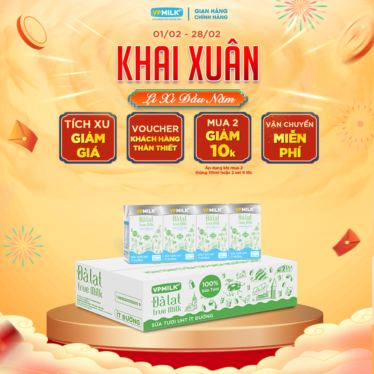 Sữa tươi UHT Đà Lạt True Milk ít đường 110ml (Thùng 48 hộp)