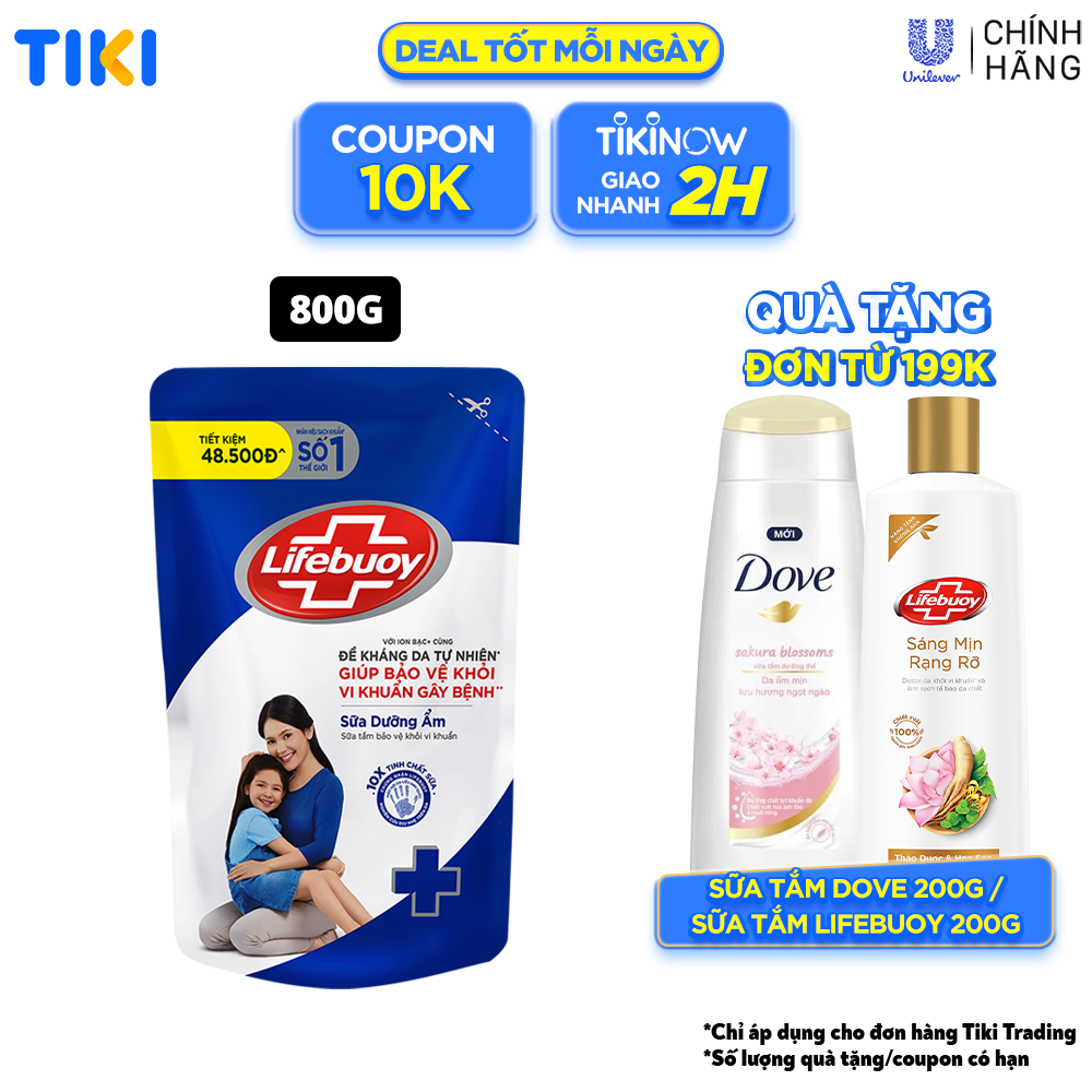 Sữa Tắm Lifebuoy Sạch Khuẩn Chăm Sóc Da Ngăn Ngừa Vi Khuẩn Lây Lan Với Ion Bạc+ Hỗ Trợ Cùng Đề Kháng Da Tự Nhiên Túi 800G