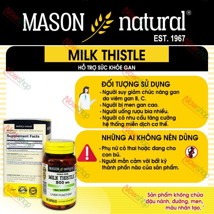 Viên uống giải độc làm mát Mason Natural Milk Thistle 500mg giảm tình trạng men gan cao