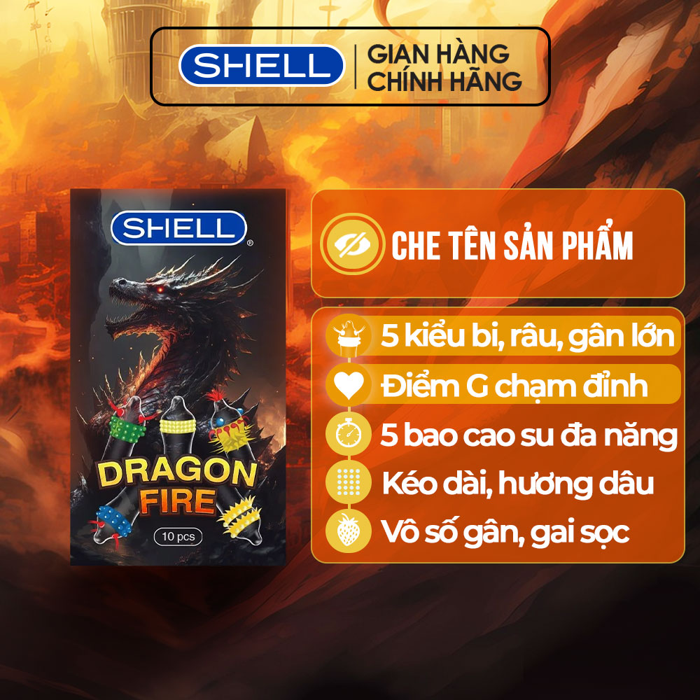Bao cao su Shell Dragon Fire - Hộp 5 bao gai, bi nổi lớn + 5 bao Shell Performax (Hộp 10 cái) | SHELL CHÍNH HÃNG