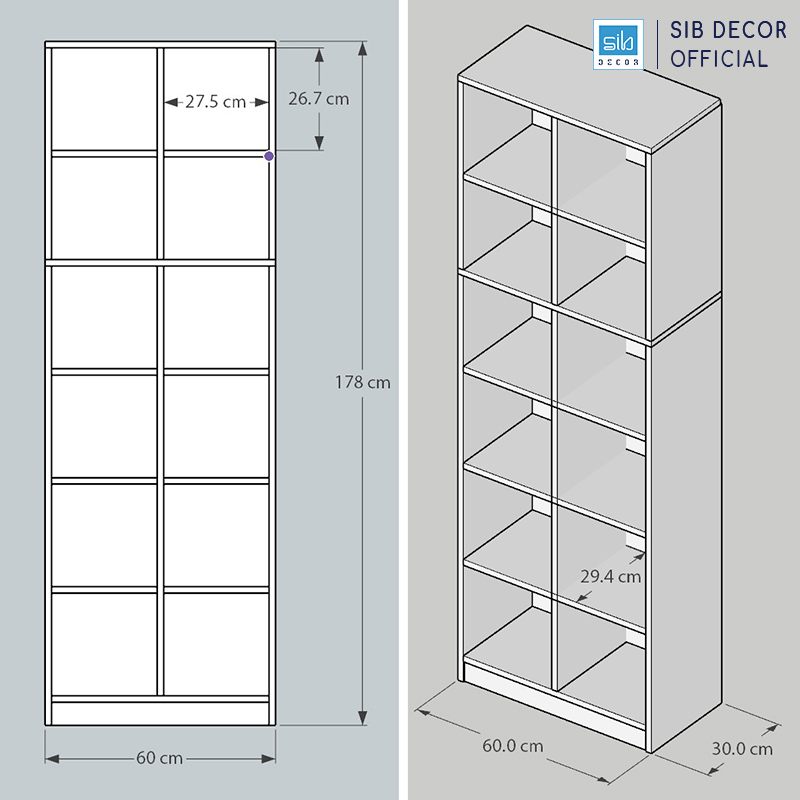 Tủ Sách Gỗ 12 Ô KSG102 Màu Oak, Walnut Thương Hiệu SIB Decor