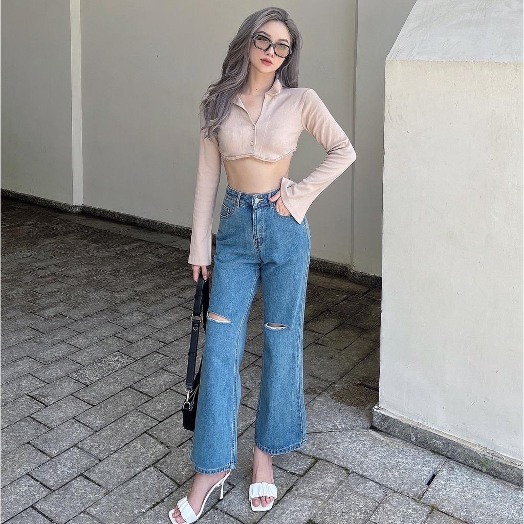 ┋♘Áo croptop nữ body dài tay TOPTIFY cổ polo hai nút viền ngực Shelby Top A216