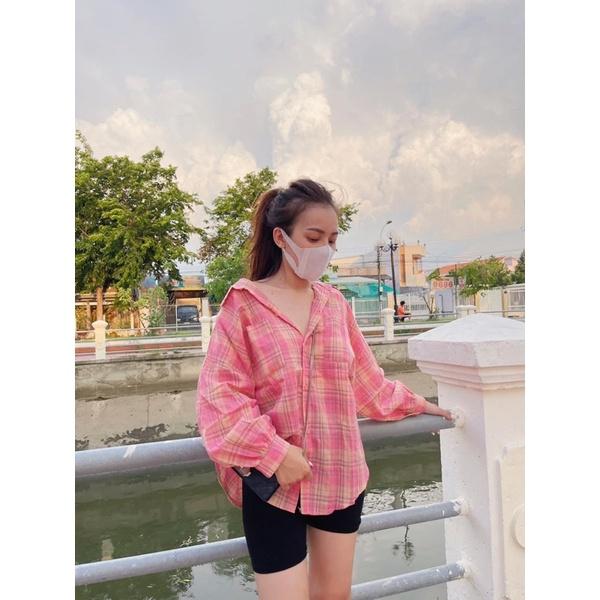 Áo somi cánh dơi caro Hồng Xanh Lovi