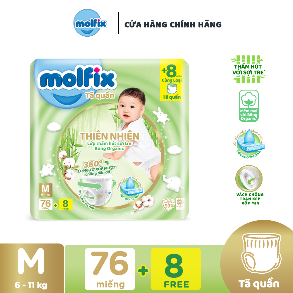 Tã/bỉm quần Molfix Thiên nhiên Ultra M  - Gói 76+8 miếng