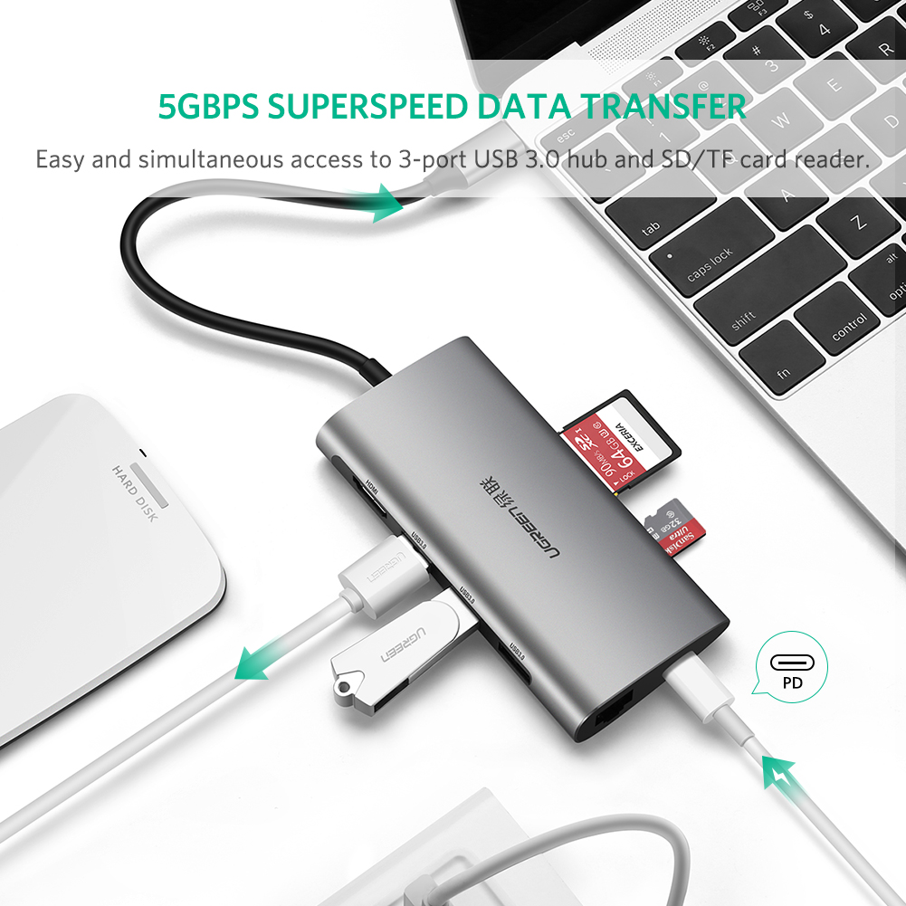 Hub USB Type-C 8 Cổng HDMI/USB 3.0/SD/TF/LAN Gigabit Ugreen 50538 - Hàng Chính Hãng