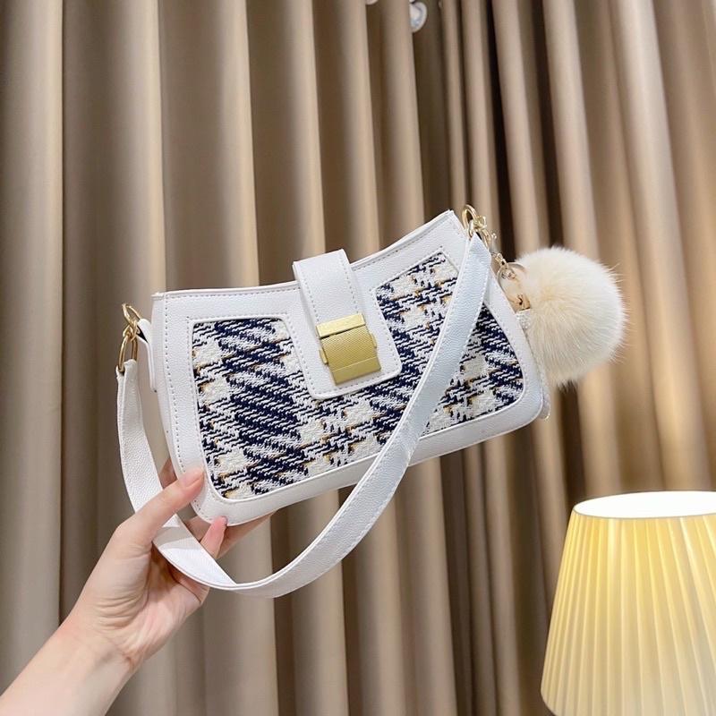 Túi nữ pha dạ kẻ, túi đeo chéo 2 màu xinh xắn