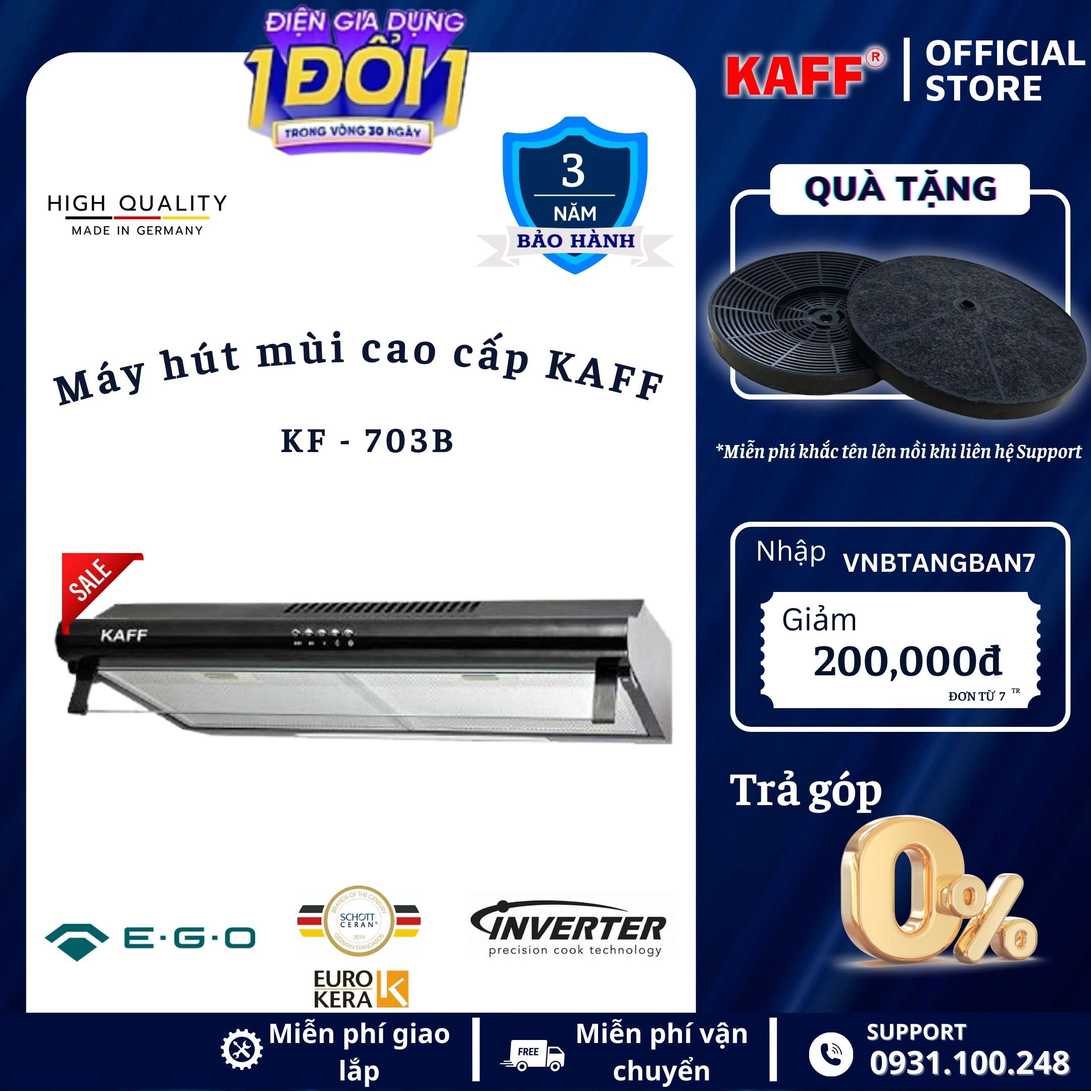 Máy hút mùi cổ điển màu đen 700mm KAFF KF_703B Tặng bộ lọc than thay thế _ Hàng Chính Hãng