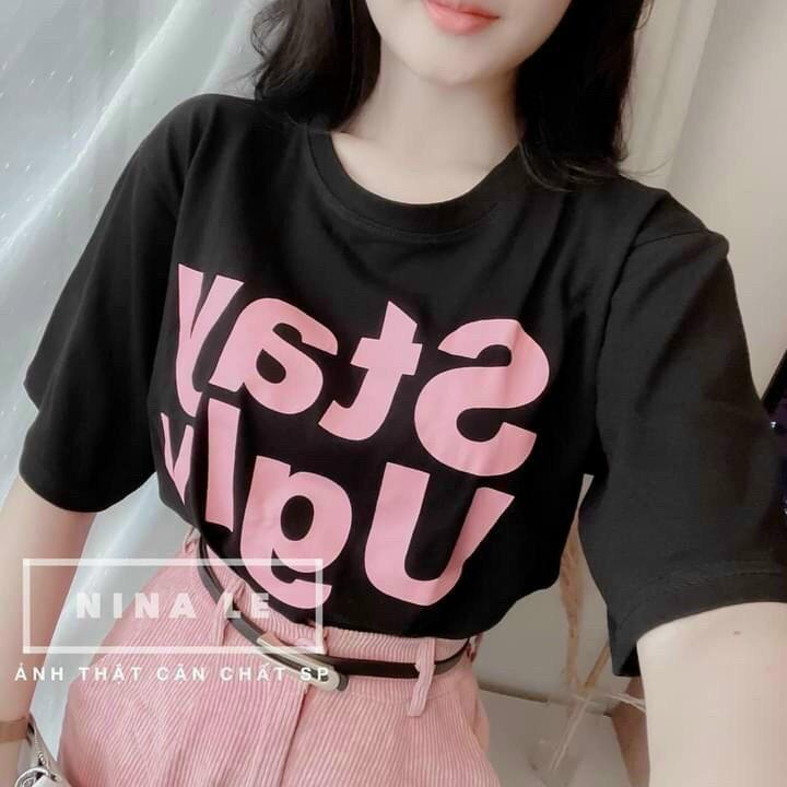 Set quần short nhung tăm và áo thun form rộng in chữ Stay Ugly S042