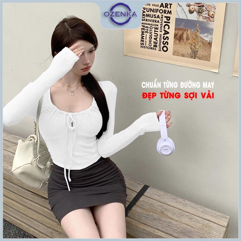 Áo croptop tay dài cổ vuông ôm nữ buộc nơ OZENKA, áo crt ngắn kiểu hàn quốc màu đen trắng dưới 55 kg