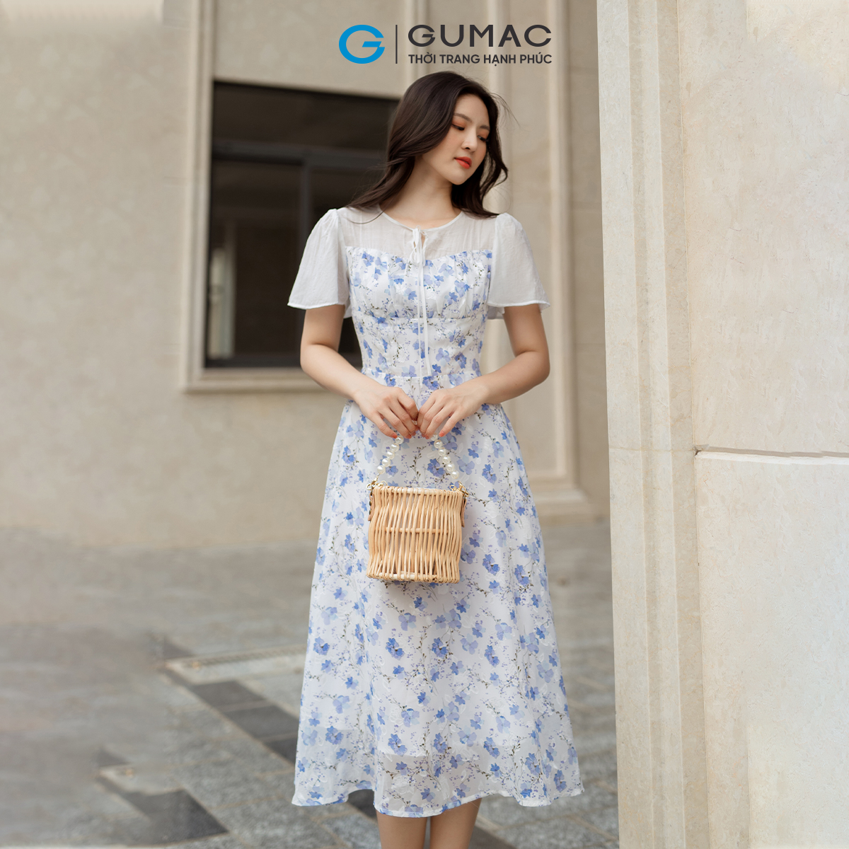 Đầm hoa phối vải tơ GUMAC DD05038