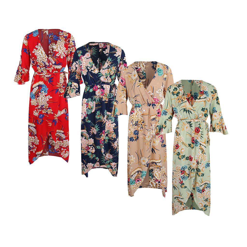 Women's V Neck Floral High Split Loose Dress Stretch Casual Long Maxi Dress