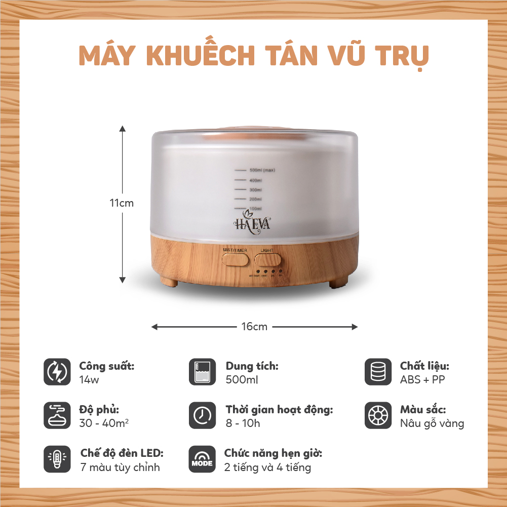 Máy xông tinh dầu Vũ trụ HAEVA cho phòng ngủ với dung tích 500ml có đèn led 7 màu, Phát nhạc Bluetooth