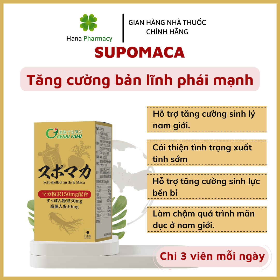 Viên uống Supomaca tăng cường sinh lý Nam giới chống xuất tinh sớm bổ thận tráng dương sinh Genki Fami 90 viên