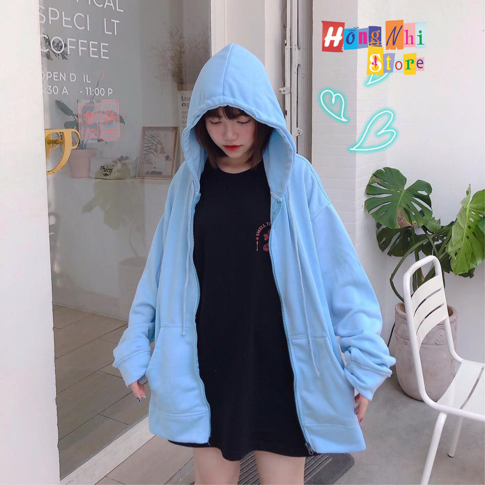 Áo Khoác Hoodie Zip Trơn Oversize Ulzzang Unisex Hoodie Dây Kéo Màu Xanh Dáng Rộng - MM