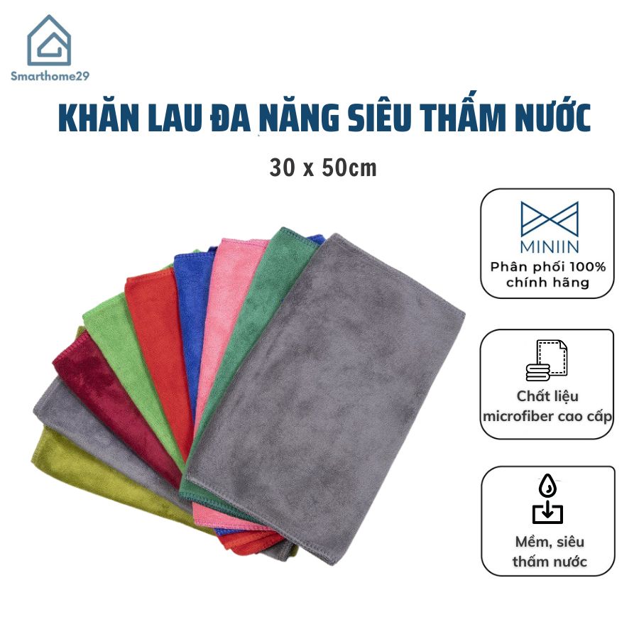 Khăn lau đa năng bằng sợi Microfiber,  siêu mềm siêu thấm nước 30x50cm - Chính hãng MINIIN (Giao màu ngẫu nhiên)