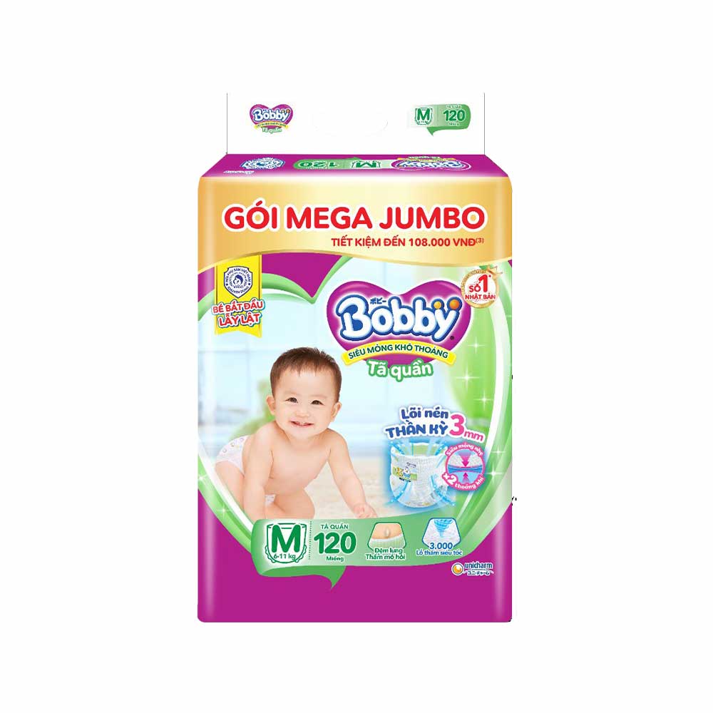 Tã/bỉm quần Bobby Mega Jumbo 3mm Gạo non Giảm nhiệt M112