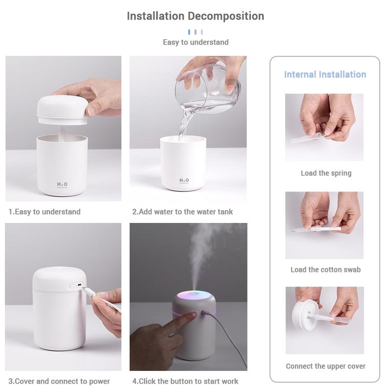 USB Máy Tạo Độ Ẩm Phun Sương Với Khí Quyển Light 300ML Làm Thơm Phòng Máy Khuếch Tán Tinh Dầu Tắt Tiếng Xe/Nhà/Văn Phòng Mini thoáng Mát Sương Máy Phun Sương Tạo Độ Ẩm