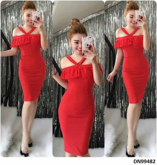 Đầm body bẹt vai phối bèo ren